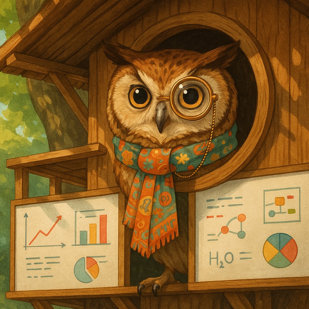 Perched atop a sturdy wooden tree house an elegant owl emerges from a circular opening its large expressive eyes framed by a shiny monocle that glints in the dappled sunlight A vibrant scarf patterned with whimsical designs wraps snugly around its ne-1