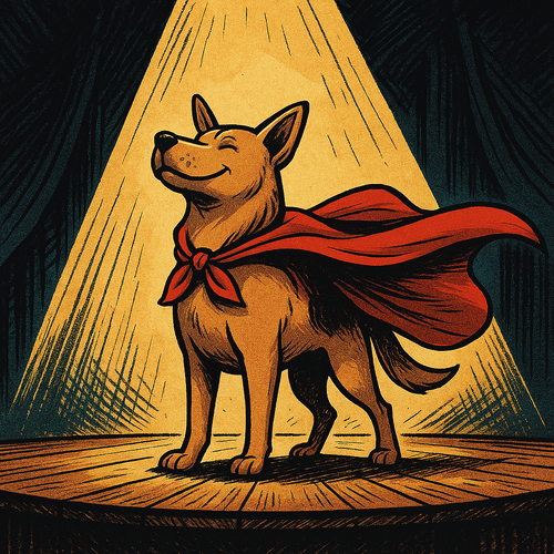 a dog wearing a cape in the spotlight on a stage-2-1